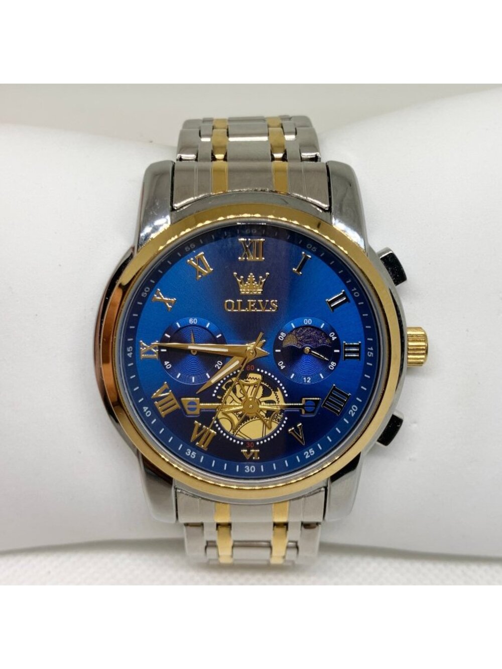 Olevs men Watch Chronograph moon phase 42mm two tone blue dial 7.25” running